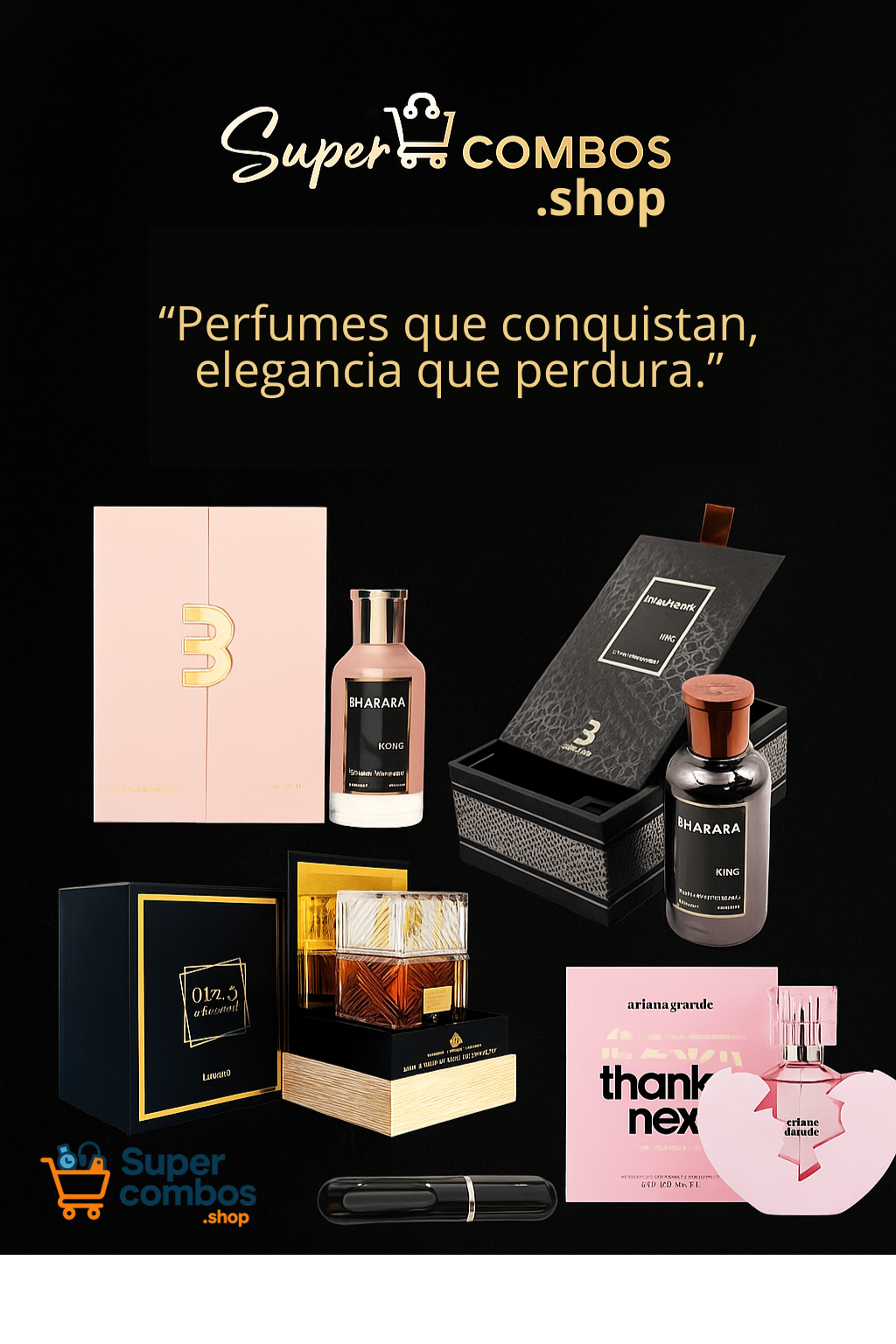 Super Combo: 4 Perfumes con estuche de Lujo BHARARA ROSE, LATTAFA KHAMRAH, BHARARA KING, THANK U NEXT MAS 1 PERFUMERO RECARGABLE
