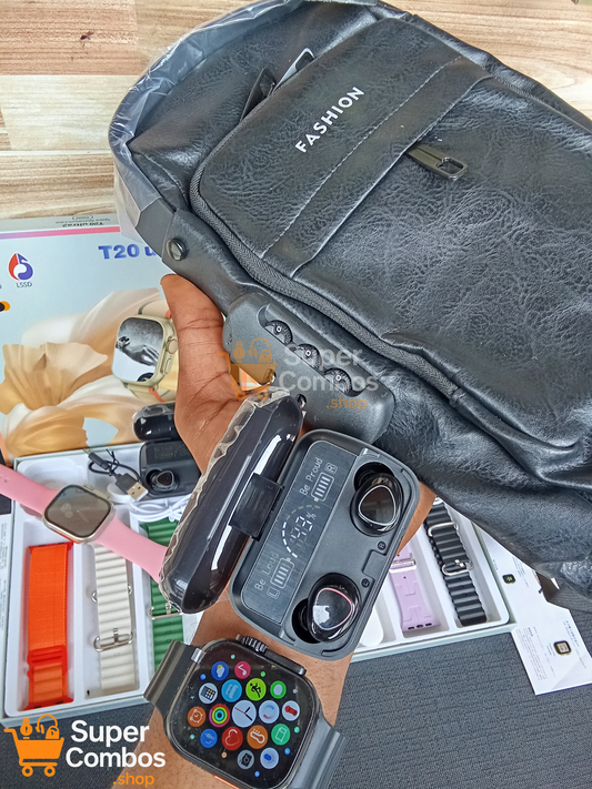 COMBO NAVIDEÑO🎁🎄: "Todo en uno: Reloj inteligente Ultra (4Manillas), Bolso Antirrobo y Audifonos M10 de Regalo.