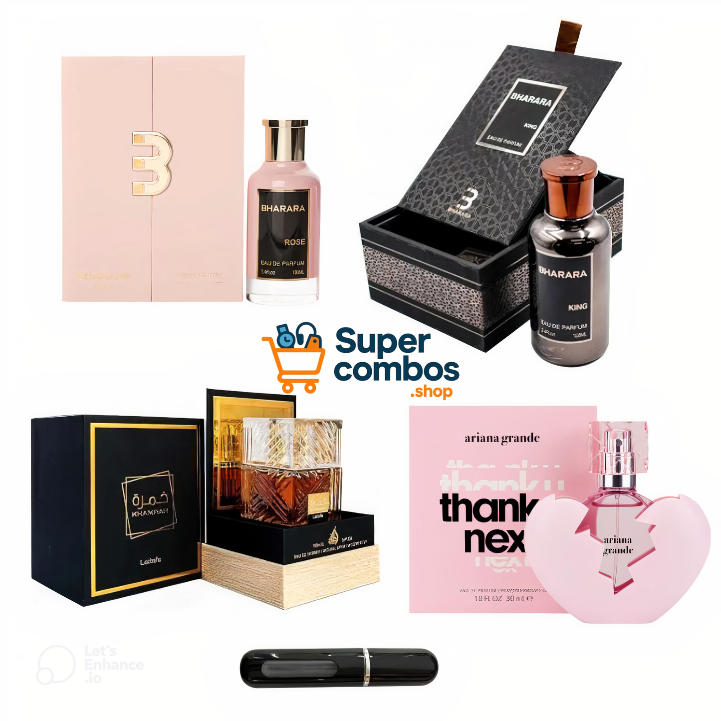 Super Combo: 4 Perfumes con estuche de Lujo BHARARA ROSE, LATTAFA KHAMRAH, BHARARA KING, THANK U NEXT MAS 1 PERFUMERO RECARGABLE