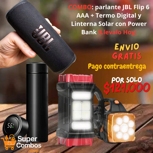 COMBO: parlante JBL Flip 6 AAA + Termo Digital y Linterna Solar con Power Bank !Llevalo Hoy¡