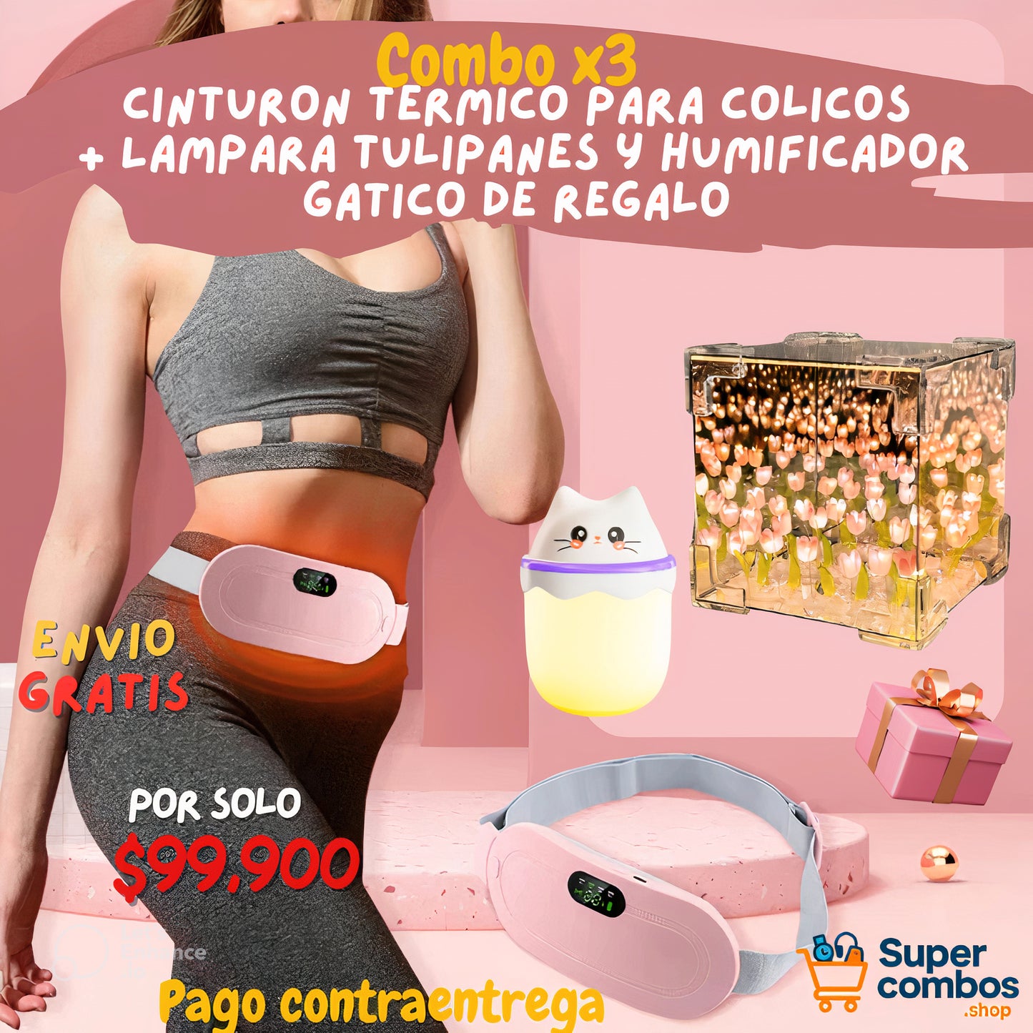 COMBO: Relax Total 🌸X3: Cinturon Termico para Colicos + Lampara Tulipane y Humificador Gatico de regalo. ¡No más cólicos, solo alivio y bienestar!