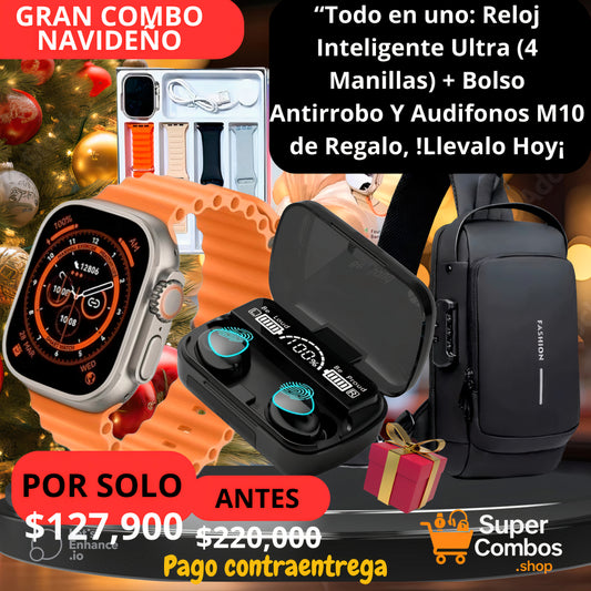 COMBO NAVIDEÑO🎁🎄: "Todo en uno: Reloj inteligente Ultra (4Manillas), Bolso Antirrobo y Audifonos M10 de Regalo.