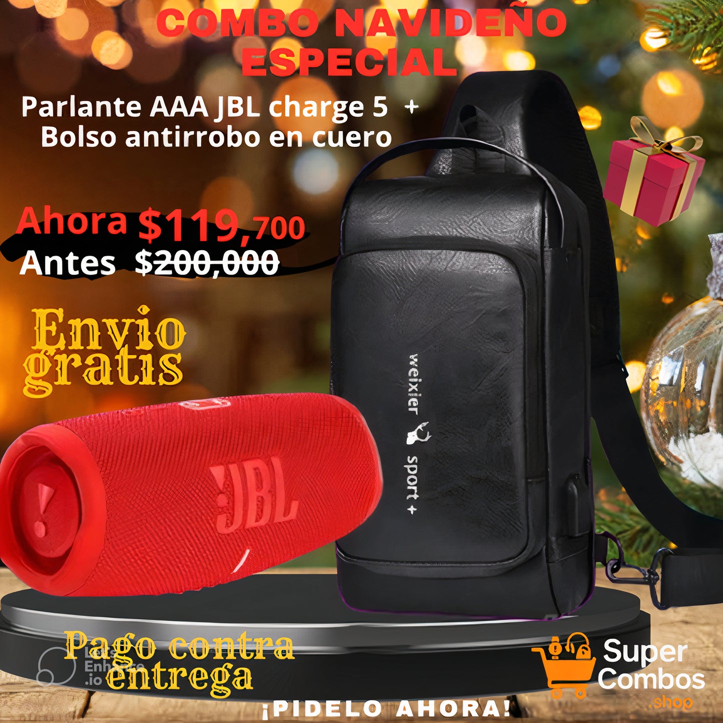 COMBO NAVIDEÑO🎁🎄 ESPECIAL: Parlate AAA JBL Charge 5 + Bolso antirrobo en cuero