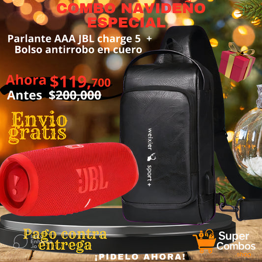 COMBO NAVIDEÑO🎁🎄 ESPECIAL: Parlate AAA JBL Charge 5 + Bolso antirrobo en cuero